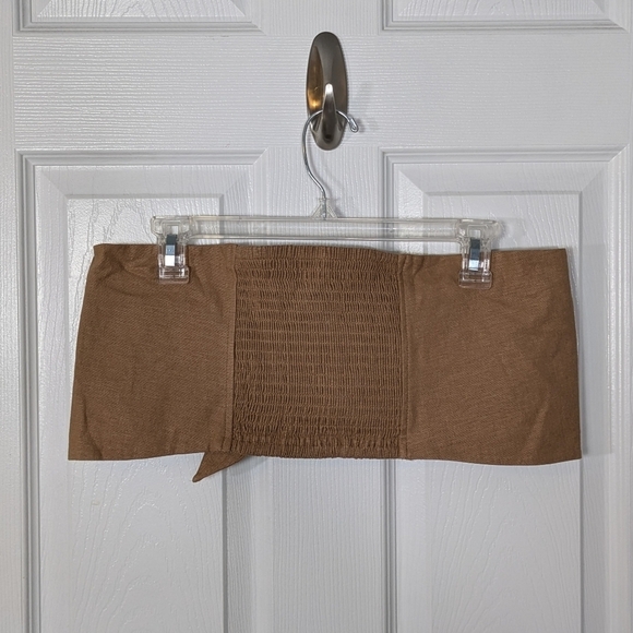 NWT Express Linen Tie-Front Smocked Back Cropped Bandeau Tube Top in Tan Size L - Picture 3 of 7